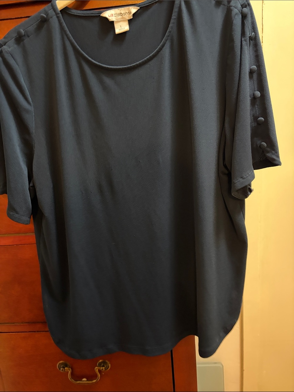 Liz Claiborne Navy Short-Sleeve Top with Button-Trim Sleeves